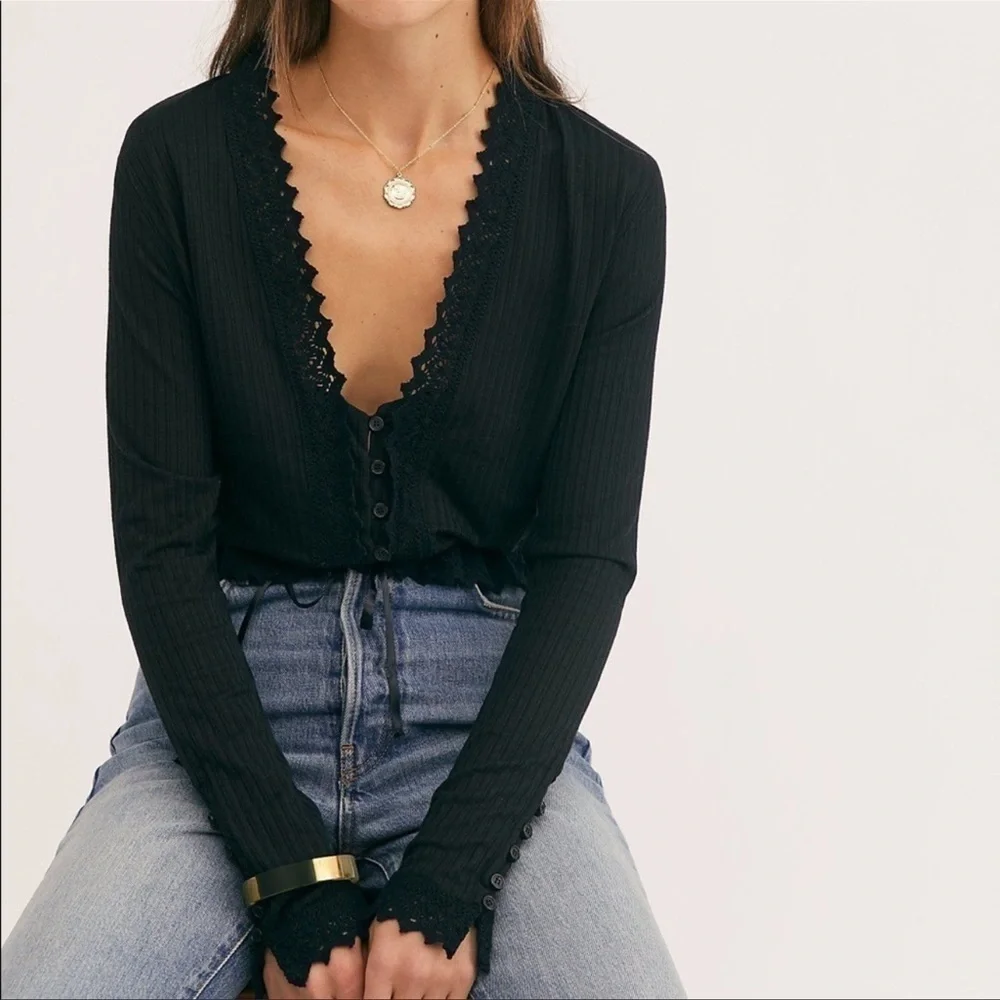 Free People Third Date Top Crochet Button Tie XS